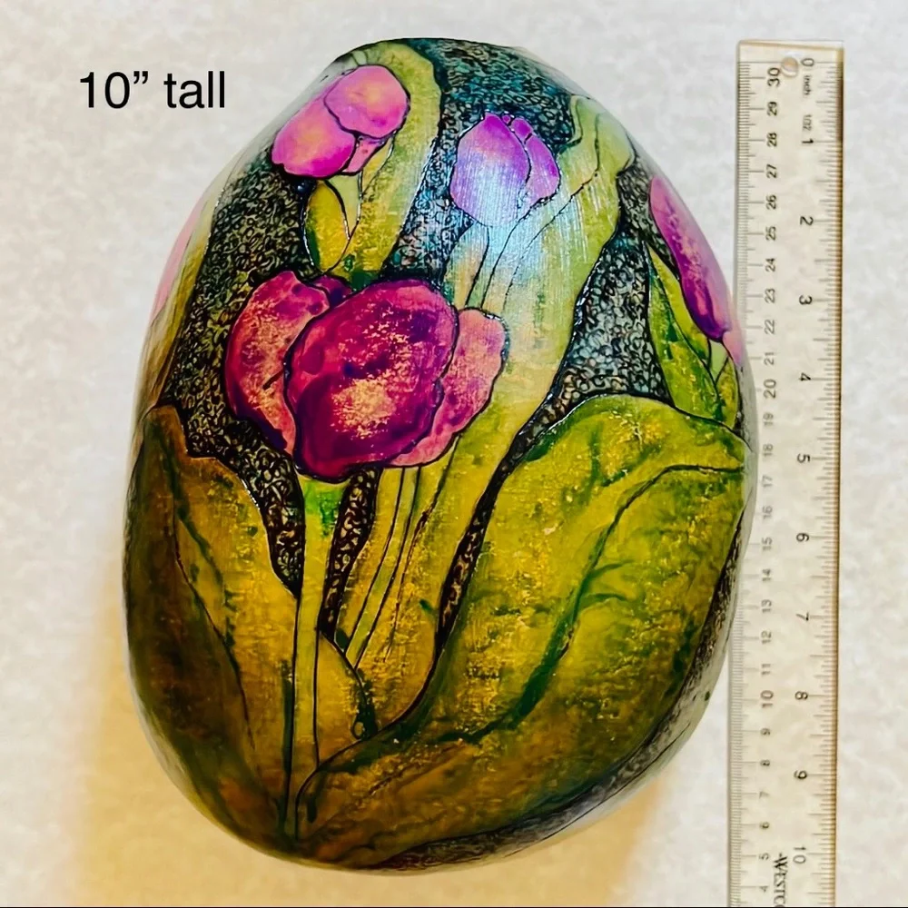 Hand Crafted Wall Pocket Pink Purple Tulips Original Gourd Art Air Plant Holder - Picture 14 of 17